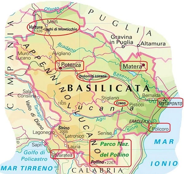 Mappa migliori zone e località da visitare e dove alloggiare in Basilicata