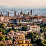 Panoramic veiw on Upper old city (Citta Alta) in Bergamo with historic buildings.