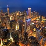 Chicago skyline illuminated at night, aerial view
