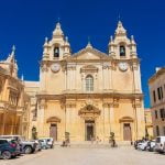 Mdina, Malta, 21 May 2022:  Facade of the St. Paul’s Cathedral