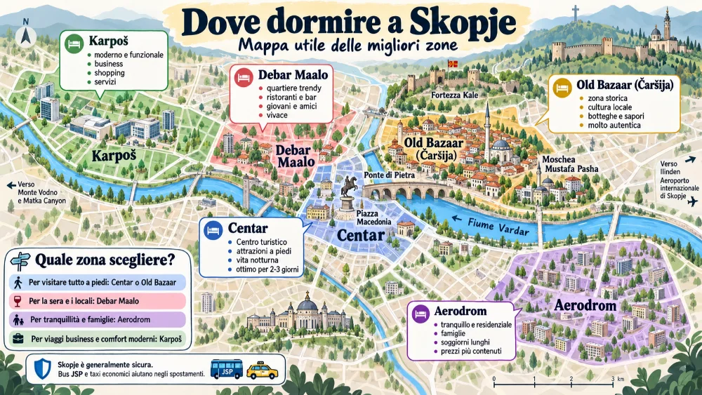 Mappa delle zone dove dormire a Skopje