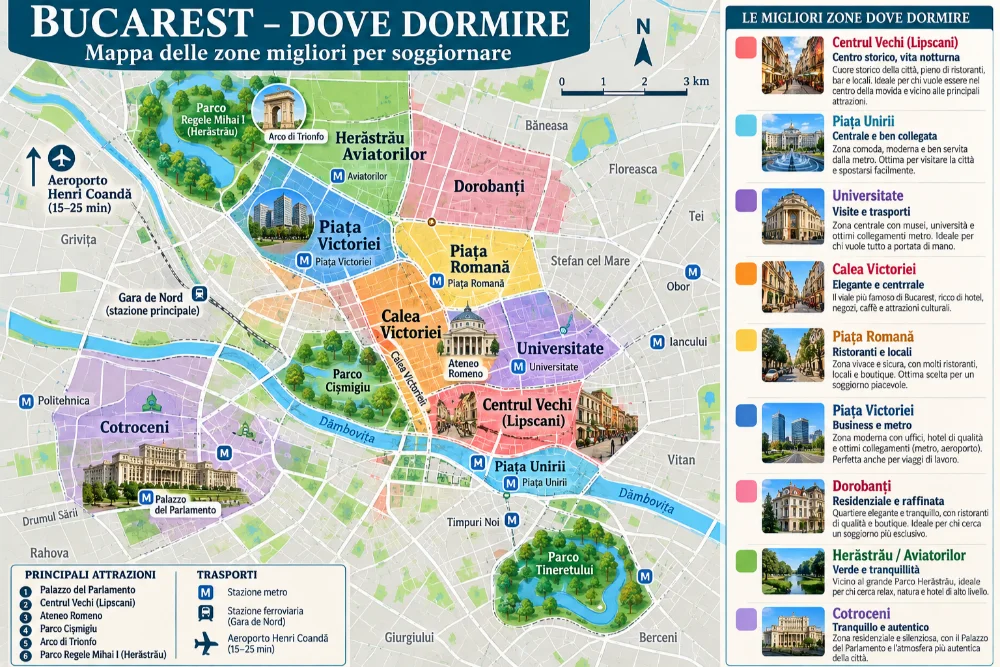 Mappa delle zone dove dormire a Bucarest