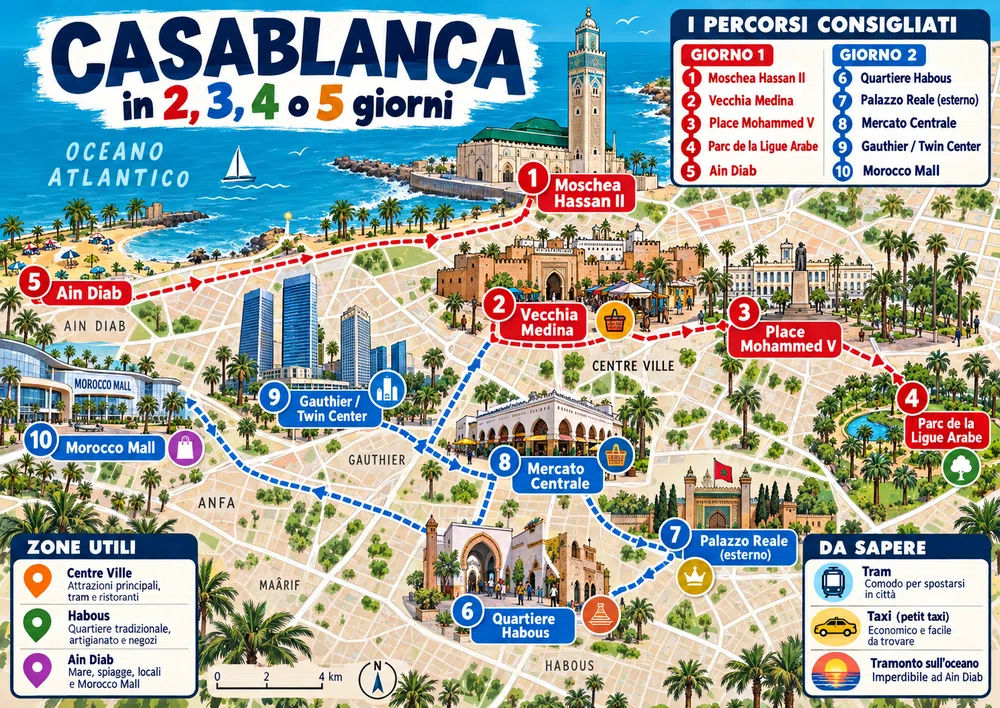 Mappa dell’itinerario: Cosa vedere a Casablanca in 2, 3, 4 e 5 giorni – Guida per organizzare il viaggio nella capitale economica del Marocco