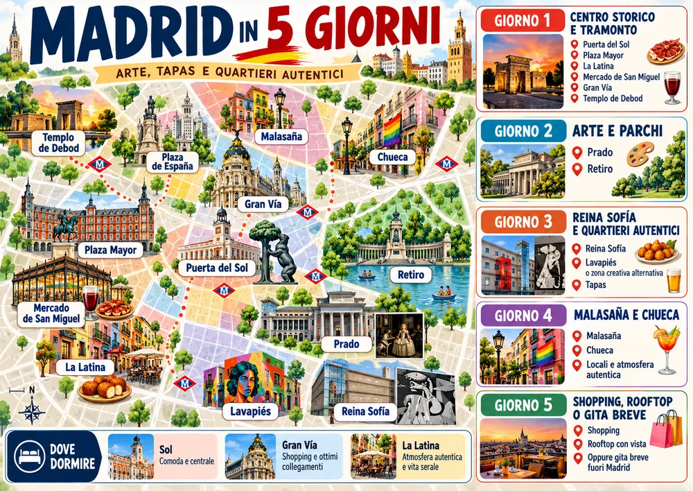 Mappa dell’itinerario: Madrid in 5 giorni: itinerario completo tra arte, tapas e quartieri autentici (con consigli pratici da “local”)